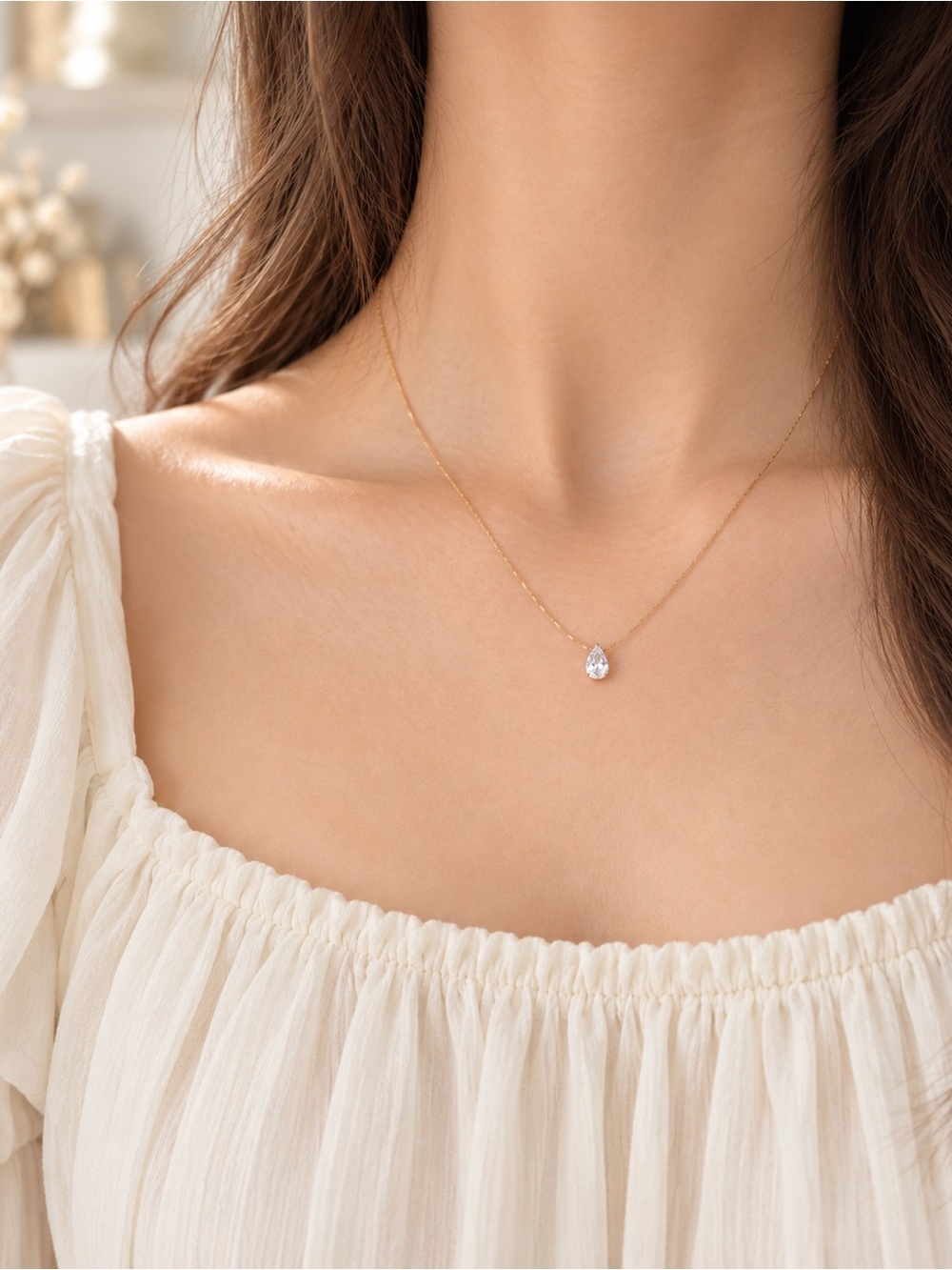 Gold Teardrop Pendant Necklace with Crystal Accent